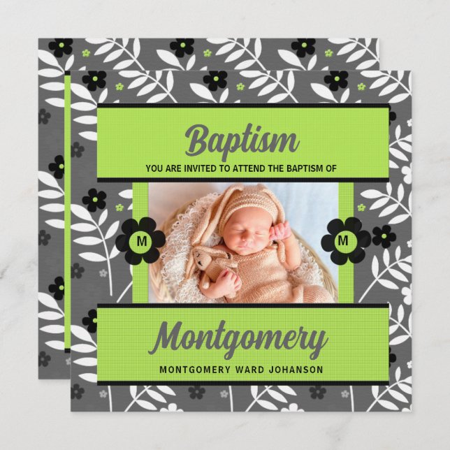 Green Baby Taufen mit Monogram und Foto Einladung (Vorne/Hinten)