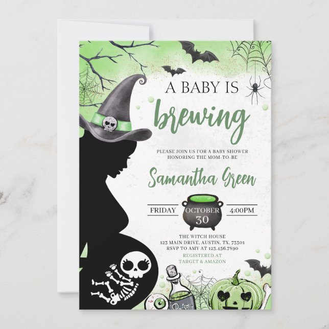 Green Baby wird Halloween Baby Dusche brauen Einladung (Vorderseite)