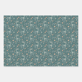 Green background with deer, gift packaging geschenkpapier set