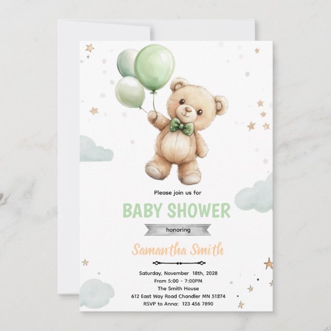 Green balloon bear baby shower invitation einladung (Vorderseite)