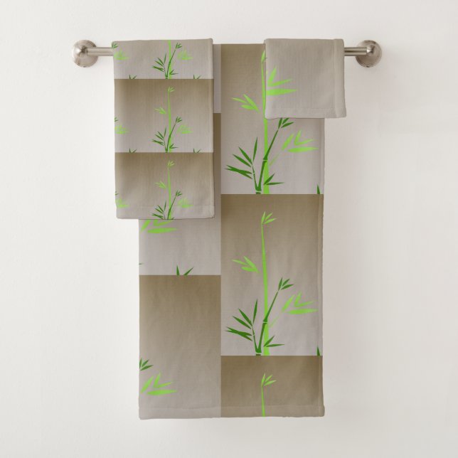 Green Bamboo auf Taupe Tiles Contemporary Badhandtuch Set (Insitu)