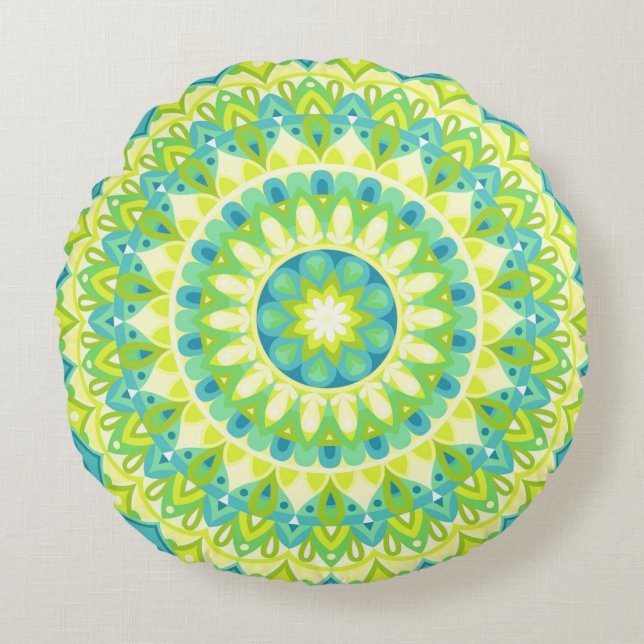 Green Base Mandala Round Pillow Rundes Kissen (Vorderseite)