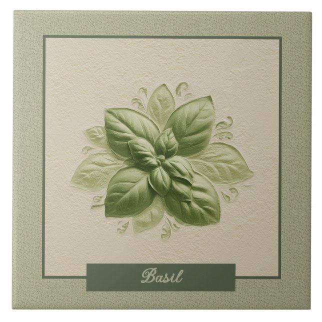 Green Basil Herb Kitchen Faux Relief Fliese (Vorderseite)