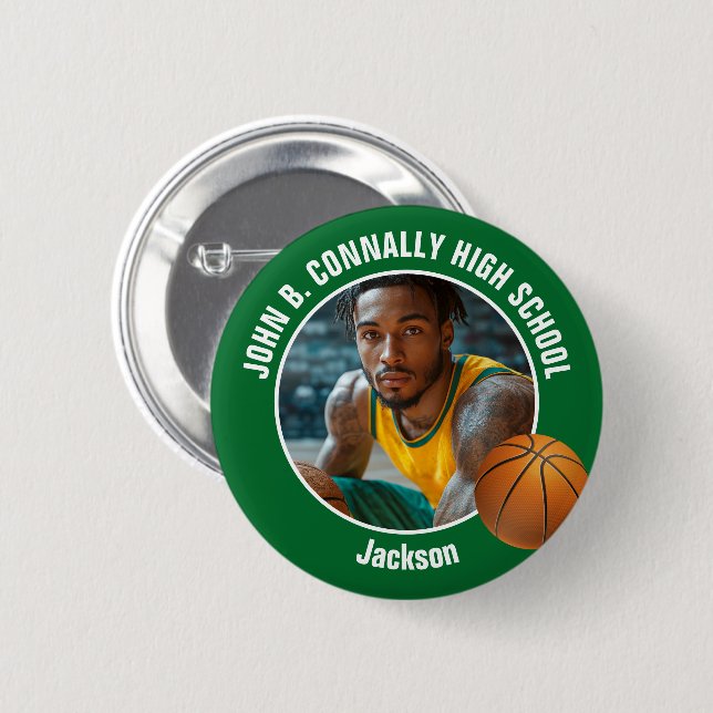 Green Basketball Player Photo High School Spirit Button (Vorne & Hinten)