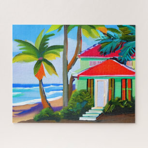 Green Beach House Tropical Ocean Art Puzzle