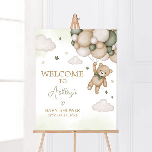 Green Bear Balloon Baby Dusche Willkommen Poster