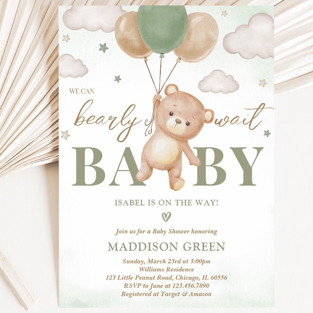 Green Bear Balloon Babydusche Einladung (Von Creator hochgeladen)