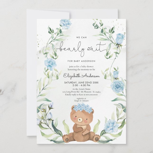 Green Bear Blue Floral Boy Baby Shower Einladung (Vorderseite)