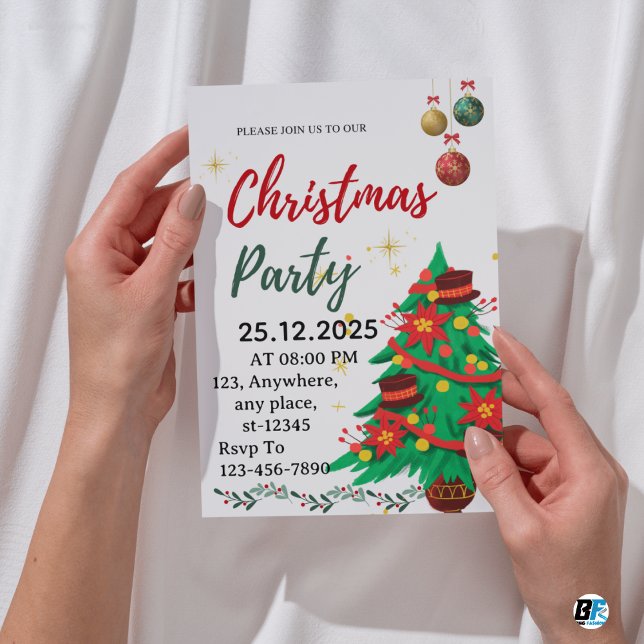 Green Beige Cute Illustrative Christmas Party Einladung (#christmas)