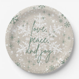 Green Beige Schneeflocken Liebe Peace Joliday Pappteller