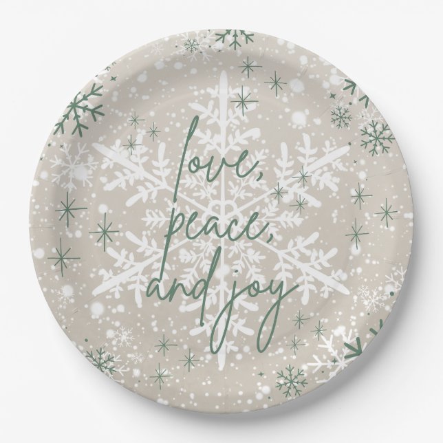 Green Beige Schneeflocken Liebe Peace Joliday Pappteller (Vorderseite)