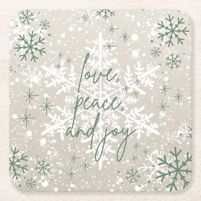 Green Beige Schneeflocken Liebe Peace Joliday Rechteckiger Pappuntersetzer (Vorderseite)