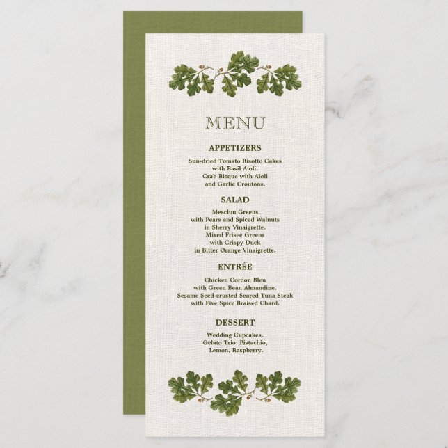 Green Beige Vintage Oak Blätter Hochzeitmenü Karte (Vorne/Hinten)