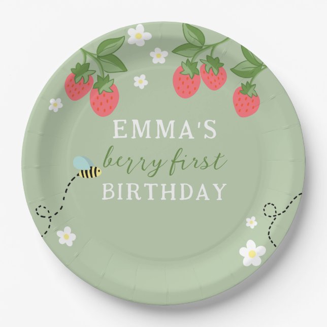 Green Berry First Pink Strawberry and Flowers Pappteller (Vorderseite)
