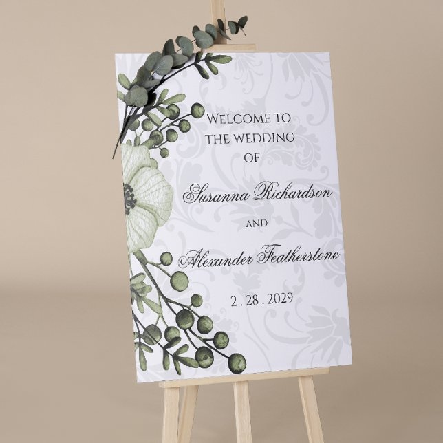 Green Berry Wreath Boho Damask Wedding Willkommen Poster (Von Creator hochgeladen)