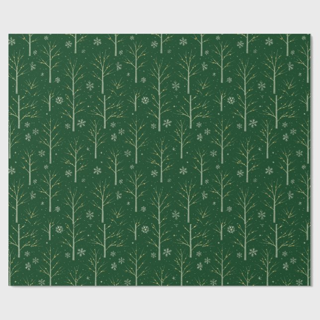 Green Birch Tree  – Winter Snowflake & Warm Light  Geschenkpapier (Flach)