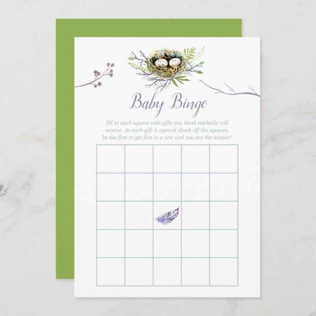 Green Birds Nest Twins Baby Shower Bingo Einladung (Vorne/Hinten)