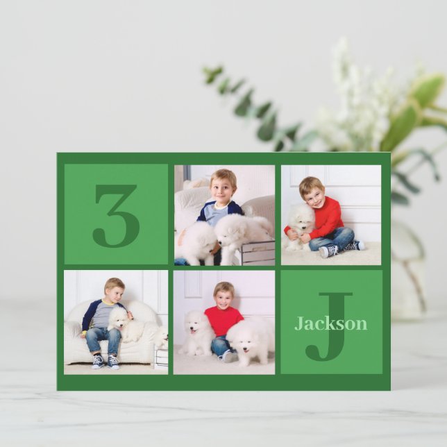 Green Birthday Boy Foto Collage Custom Party Einladung (Stehend Vorderseite)