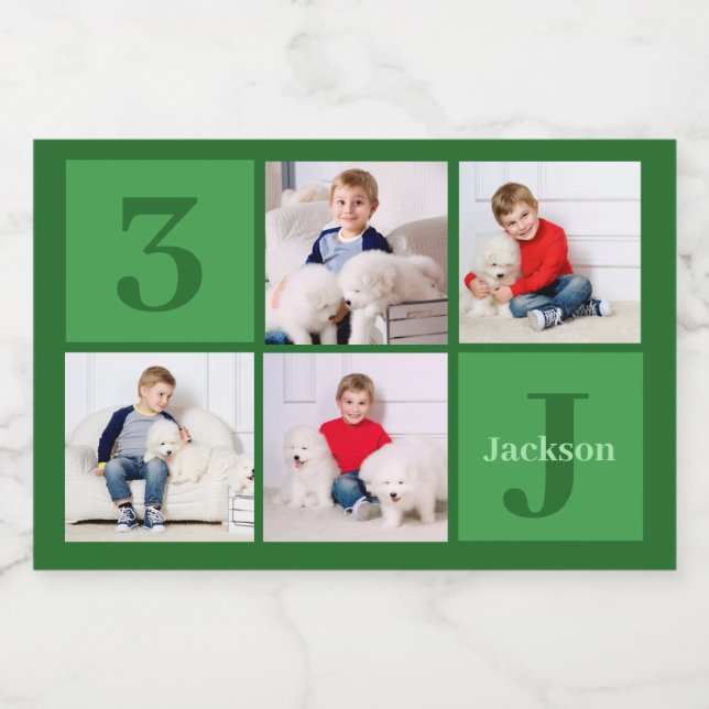 Green Birthday Boy Foto Collage Custom Party Lebensmitteletikett (Einzelnes Label)