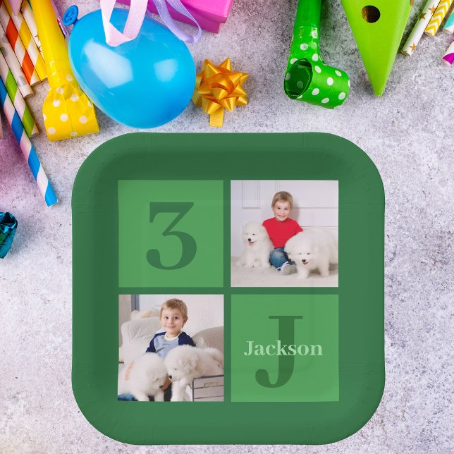 Green Birthday Foto Collage Personalisiertes Party Pappteller (Von Creator hochgeladen)