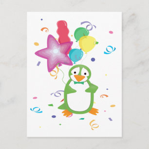 Green Birthday Pinguin mit Balloons Postkarte
