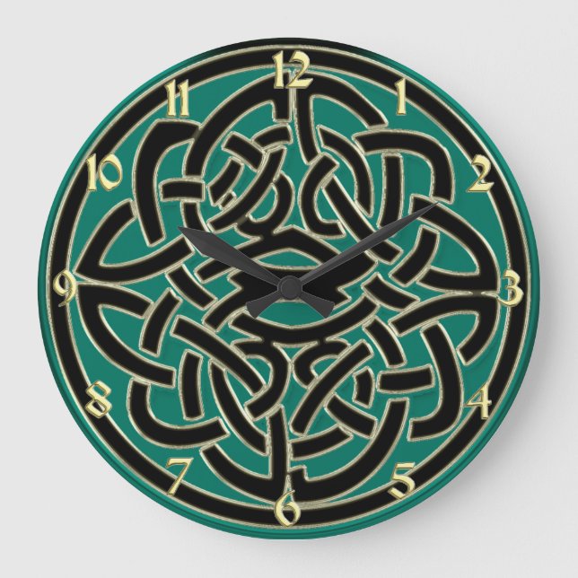 Green Black and Gold Celtic Knot Wall Clock Große Wanduhr (Vorderseite)
