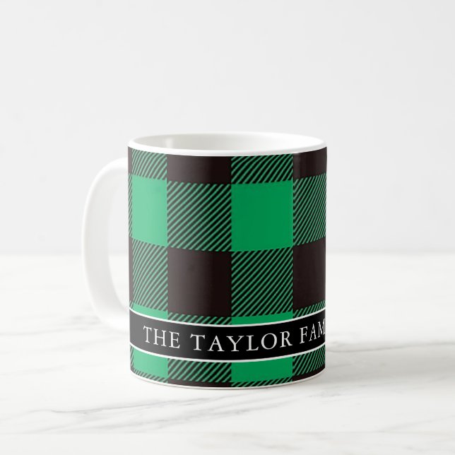 Green & Black Buffalo Family Name Christmas Kaffeetasse (Vorderseite Links)