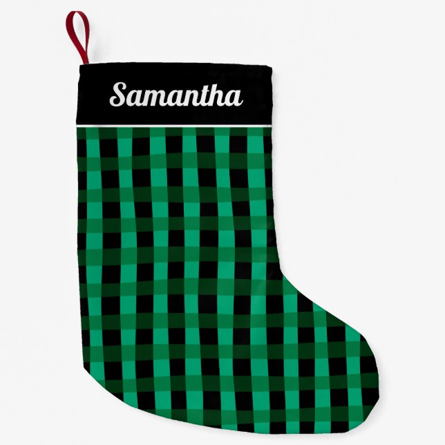 Green Black Buffalo Plaid Personalized Name Kleiner Weihnachtsstrumpf (Vorderseite)