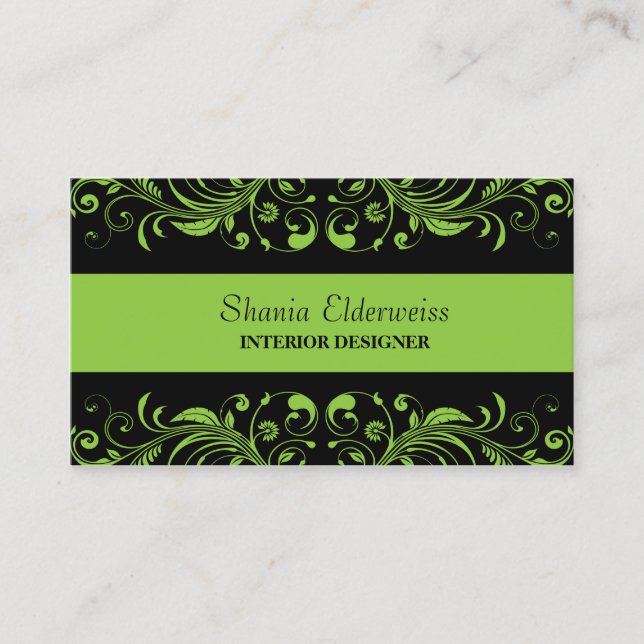 Green & Black Damask Business Card Visitenkarte (Vorderseite)