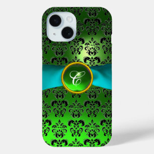 GREEN BLACK DAMASK GEM MONOGRAM Aqua iPhone 15 Hülle