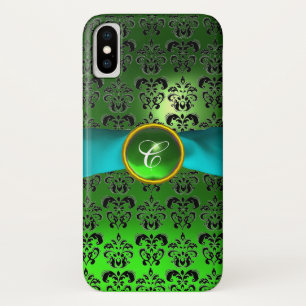 GREEN BLACK DAMASK GEM MONOGRAM Aqua iPhone X Hülle