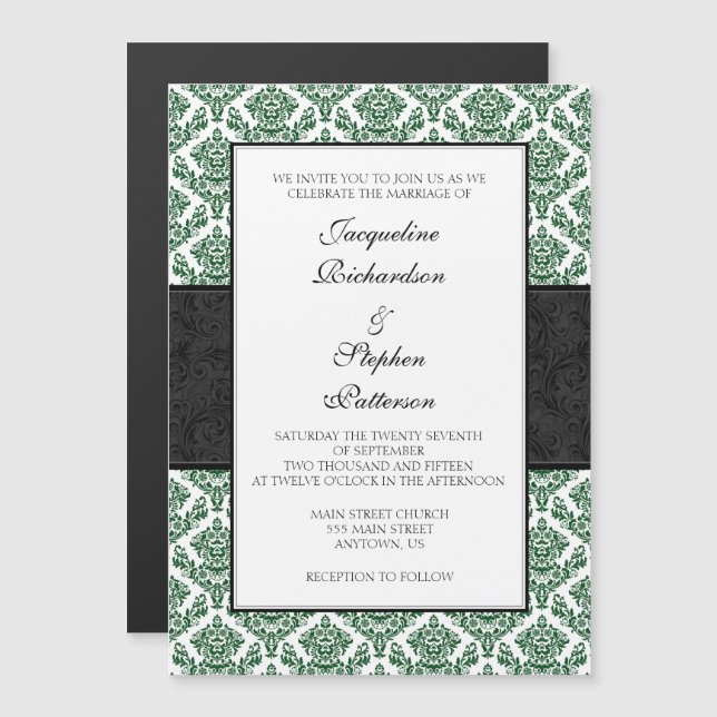 Green Black Damask Magnetic Wedites lädt ein Magneteinladung (Vorne/Hinten)