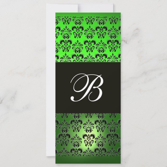 GREEN BLACK DAMASK MONOGRAMM, weißer Smaragd Einladung (Vorderseite)