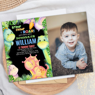 Green Black Foto Dinosaur Geburtstagseinladungen Einladung