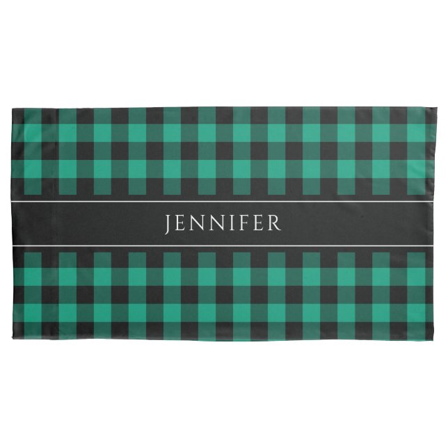 Green & Black Gingham Kariert Bauernhof Muster Nam Kissenbezug (Vorderseite)