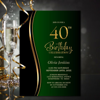 Green Black Gold 40. Geburtstag Party Einladung