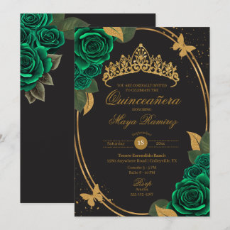 Green Black Gold Glitzern Butterfly Quinceñera Einladung