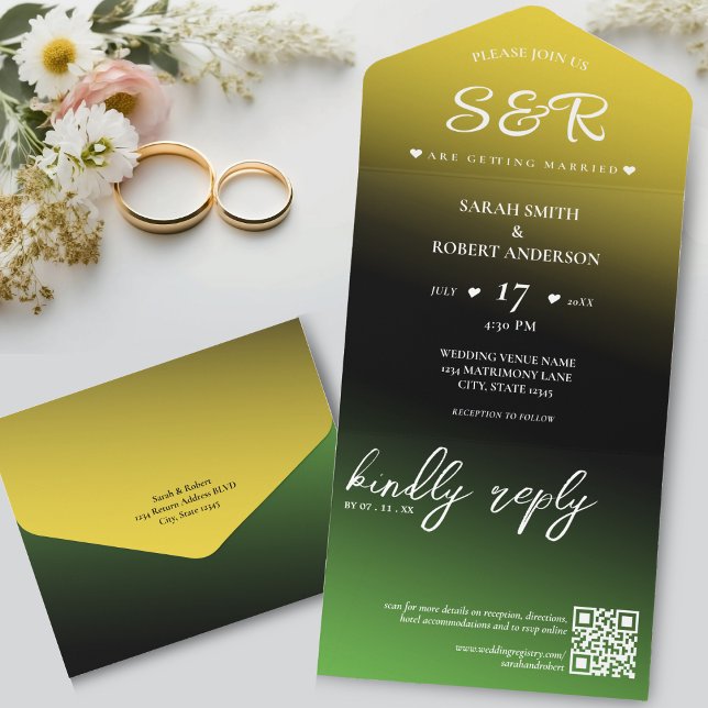 Green Black & Gold Jamaica Ombre QR Code Hochzeit All In One Einladung (Green Black & Gold Jamaica Ombre QR Code Wedding All In One Invitation)