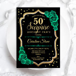 Green Black Gold Überraschung 50. Geburtstag Einladung<br><div class="desc">Überraschung 50. Geburtstagsparty Einladung. Weiblich schwarz und smaragdgrün Design mit Imitaten Glitzer Gold. Enthält Rose,  Skript-Schriftart und Konfetti. Ideal für eine elegante Damenfeier. Kann personalisiert sein,  jedes Alter zu zeigen. Gedruckte Zazzle Einladungen oder Sofortdownload digitalen druckbaren Vorlage.</div>