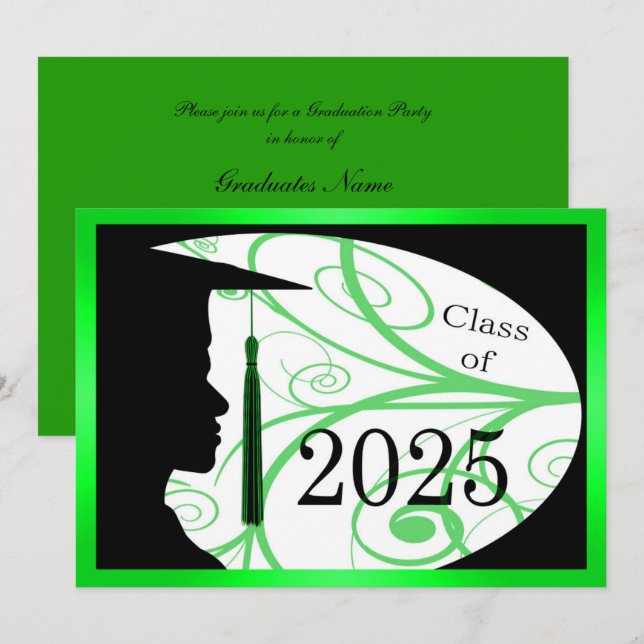Green & Black Man Silhouette 2025 Graduation Party Einladung (Vorne/Hinten)