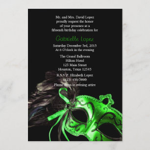 Green Black Masquerade Quinceanera Ball Einladung