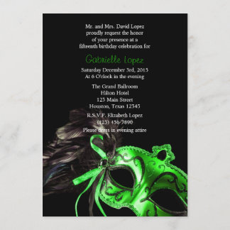 Green Black Masquerade Quinceanera Ball Einladung