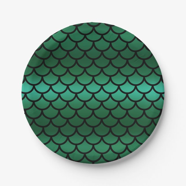 Green & Black Mermaid Scales Fantasy Fish Pappteller (Vorderseite)