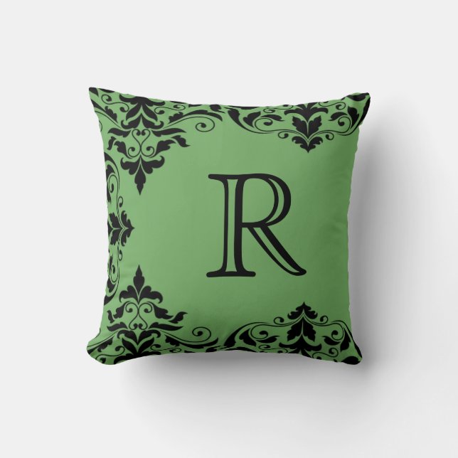 Green & Black Monogram Damask Pilze Kissen (Vorderseite)