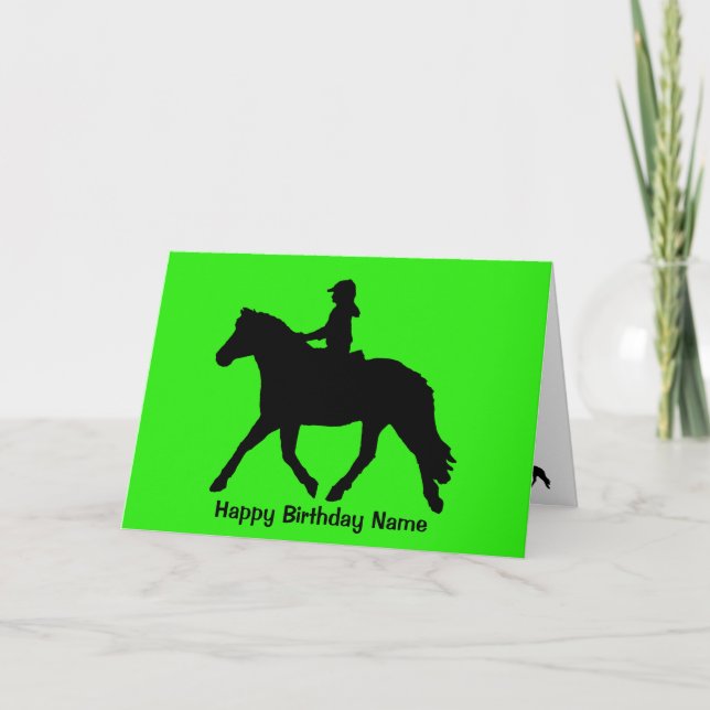 Green Black Niedlich Pony Rider Silhouette Geburts Karte (Vorderseite)