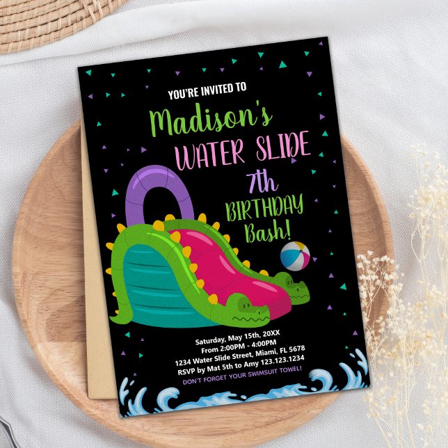 Green Black Pink Water Slide Geburtstag Einladunge Einladung (Green Black Pink Water Slide Birthday Invitations)