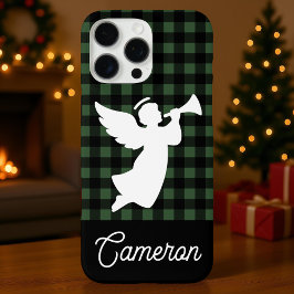 Green & Black Plaid with Angel Custom Name iPhone 16 Pro Max Hülle