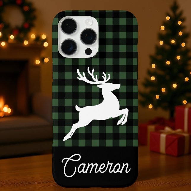 Green & Black Plaid with Reindeer Custom Name Case-Mate iPhone Hülle (Von Creator hochgeladen)