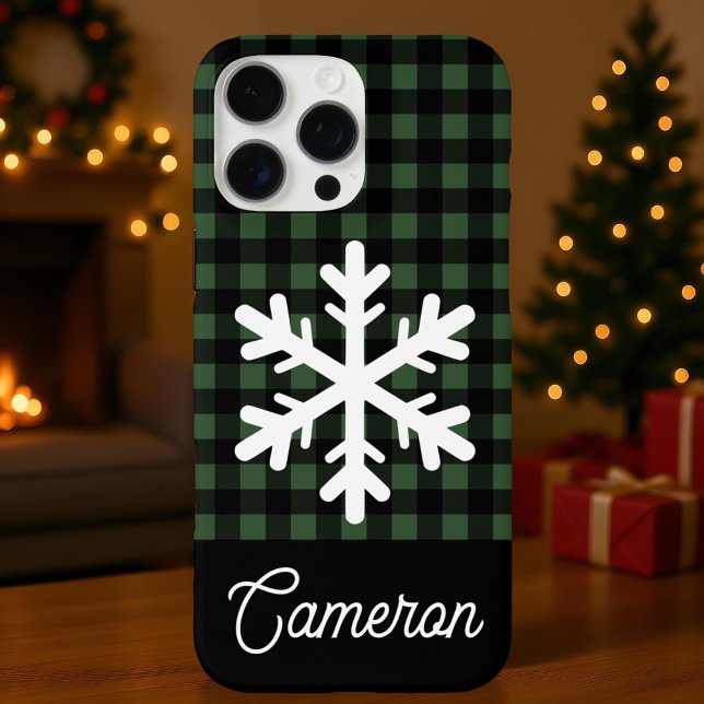 Green & Black Plaid with Snowflake Custom Name Case-Mate iPhone Hülle (Von Creator hochgeladen)