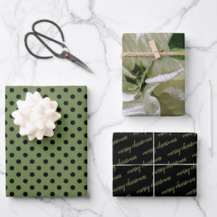 Green Black Polka Dot Poinsettia Frohe Weihnachten Geschenkpapier Set